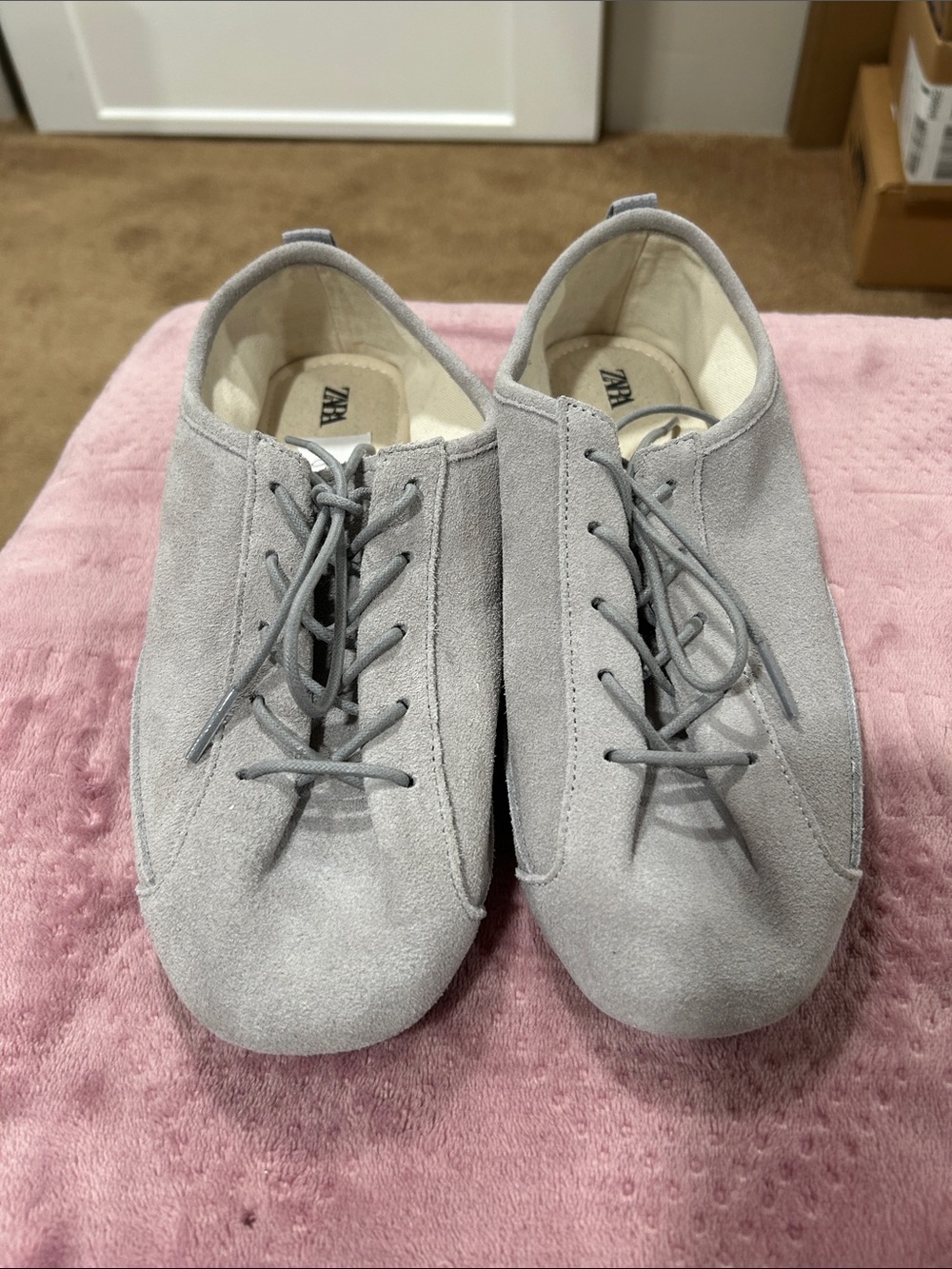 Zara Light Gray Suede Lace-Up Flats with Rounded Toe